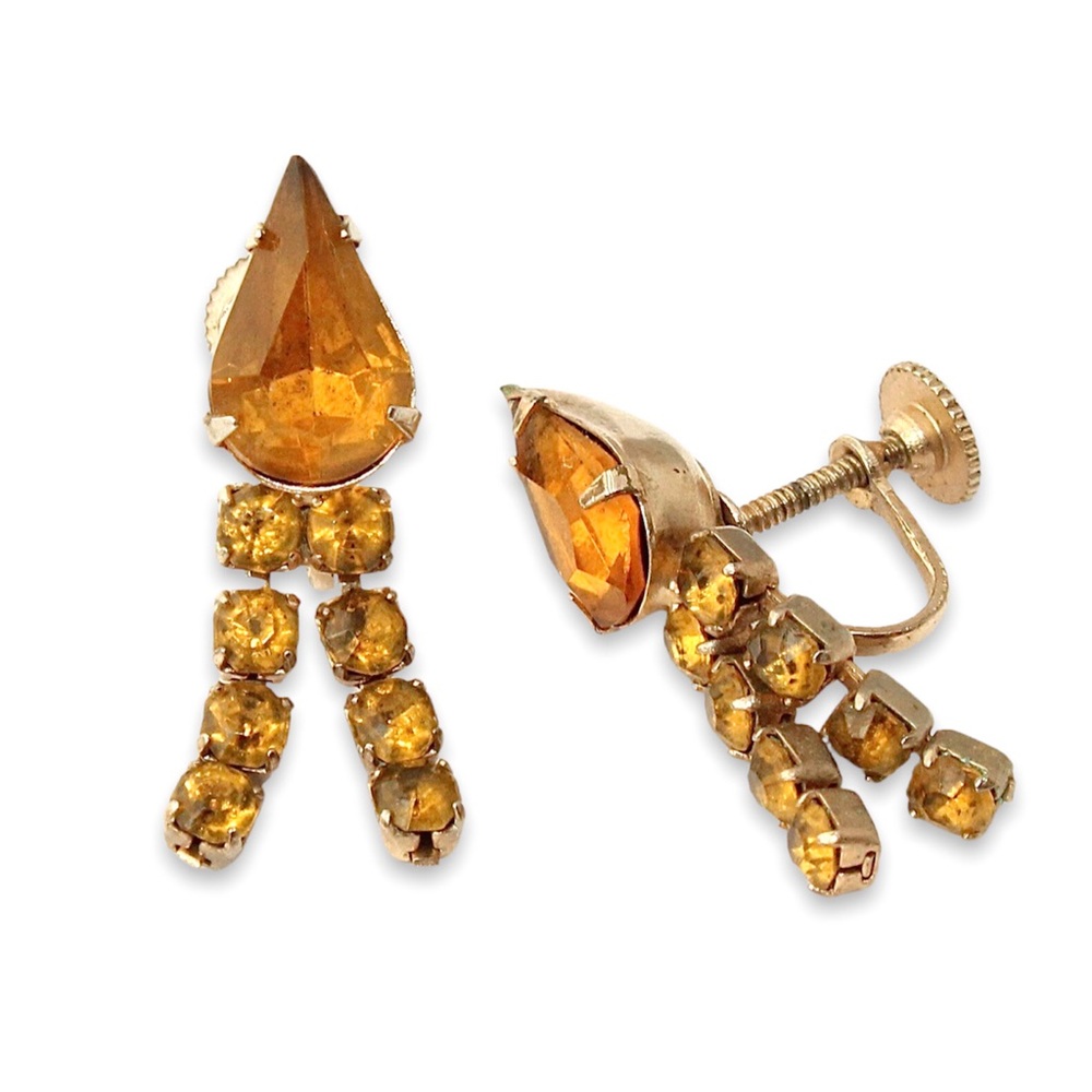 Vintage Rhinestone Screw Back Fringe Dangle Earrings Amber Orange Gold Tone